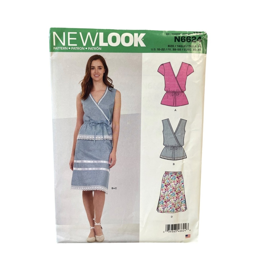 New Look N6624 Sewing Pattern Misses 10-22 Blue Wrap Top Skirt Uncut